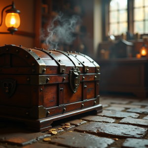 Photoreal ornate wooden treasure chest on stone flagstones in a fantasy shop backroom